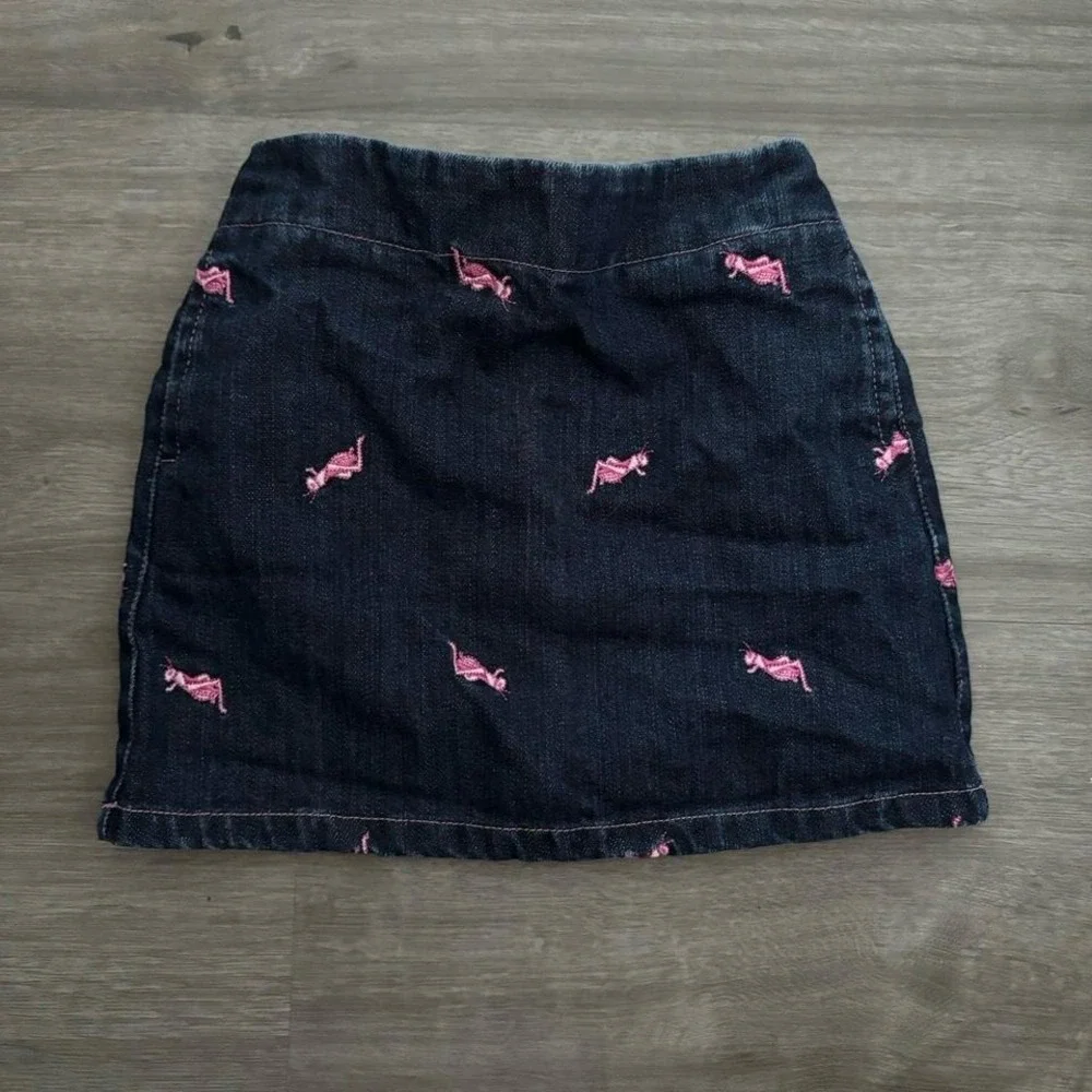 VTG Hartstrings Girls 2T Dark Wash Denim Skirt Pink Grasshopper Embroidery Mini‎